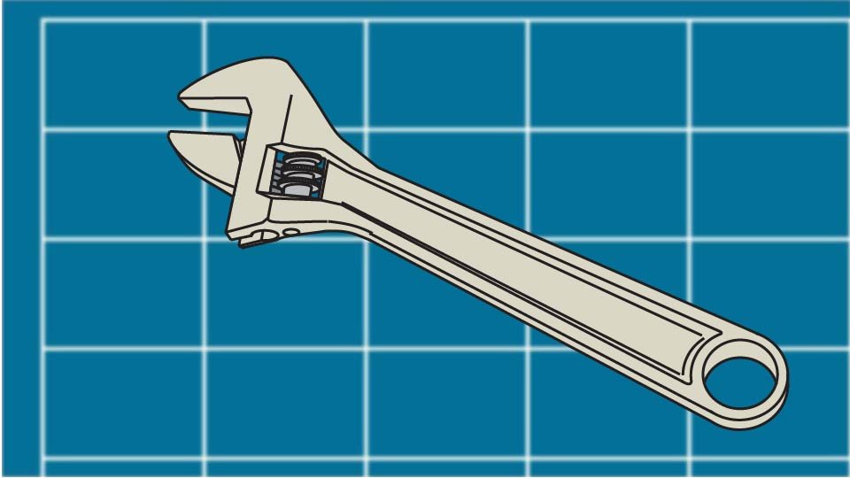 Technical line drawing of an adjustable wrench against a blueprint-style background by John D. Reinhart, created using the Three Point Line illustration method