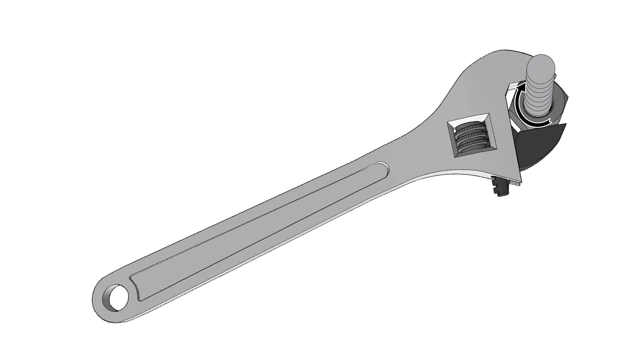 A colored line drawing of an adjustable wrench.