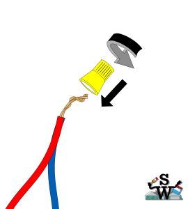 A line drawing of a yellow wire nut twisting onto red and blue wires