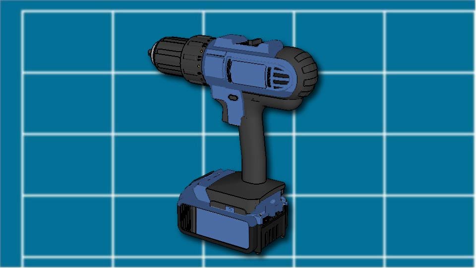 Technical line drawing of a power drill against a blueprint-style background by John D. Reinhart, created using the Three Point Line illustration method