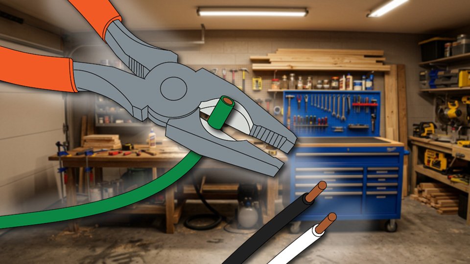 Technical three-point-line drawing of a pair of linesman pliers stripping wires in the Skippity workshop by John D. Reinhart