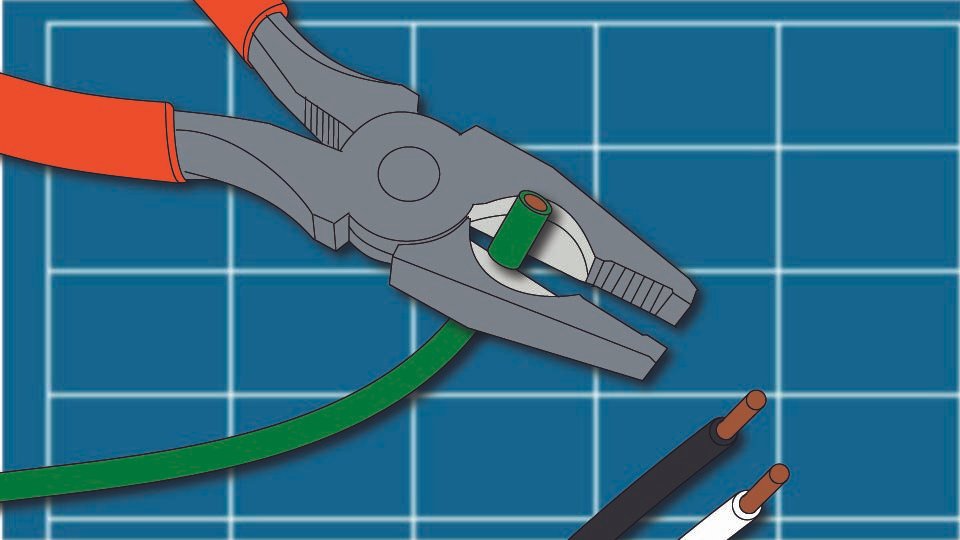 Technical line drawing of using a pair of linesman pliers to strip a solid copper wire against a blueprint-style background by John D. Reinhart, created using the Three Point Line illustration method