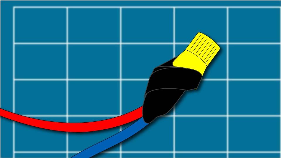 Technical line drawing of two wires twisted into a wire nut and taped against a blueprint-style background by John D. Reinhart, created using the Three Point Line illustration method