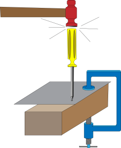 Clamp the sheet metal to a piece of wood, and use a screwdriver and hammer to make a dent where you plan to drill.