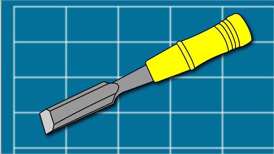 Technical line drawing of a chisel against a blueprint-style background by John D. Reinhart, created using the Three Point Line illustration method