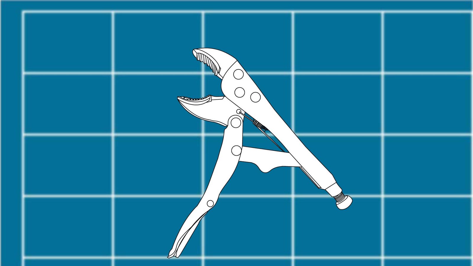 Technical line drawing of a pair of locking pliers against a blueprint-style background by John D. Reinhart, created using the Three Point Line illustration method