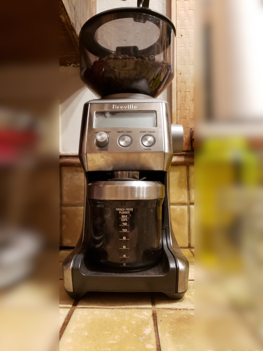 In this angle, the Breville burr coffee grinder looks rather like the robot from the old Lost in Space TV show.