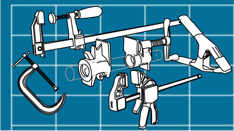 Technical line drawing of a variety of clamps against a blueprint-style background by John D. Reinhart, created using the Three Point Line illustration method