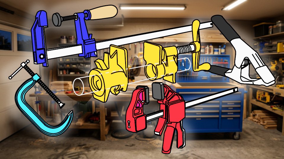 Technical three-point-line drawing of variety of the most commonly used clamps in the Skippity workshop by John D. Reinhart