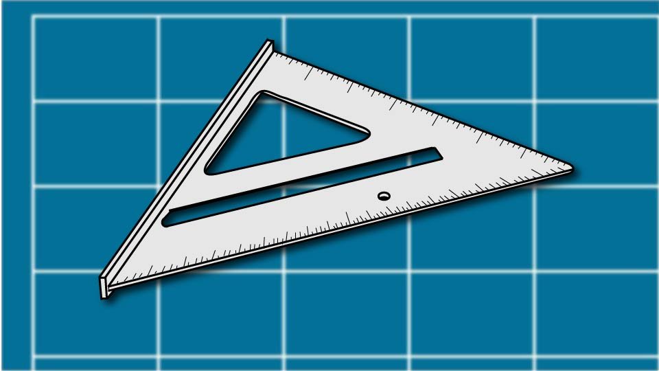 Technical line drawing of a speed square against a blueprint-style background by John D. Reinhart, created using the Three Point Line illustration method