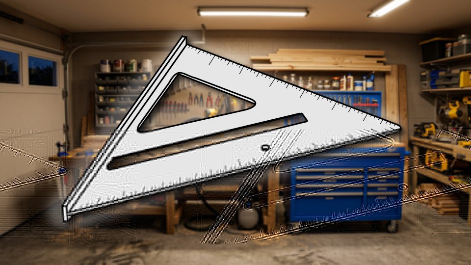 Technical three-point-line drawing of a carpenter's speed square in the Skippity workshop by John D. Reinhart