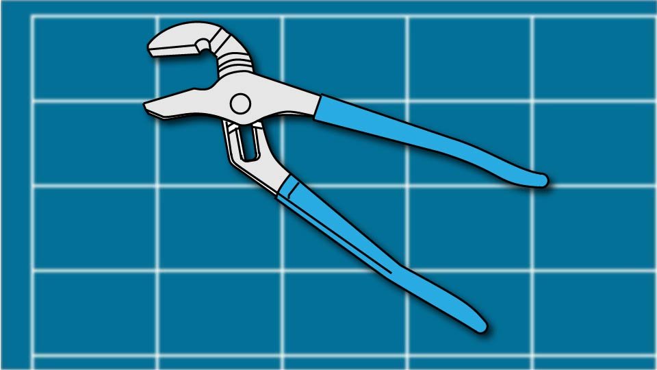 Technical line drawing of a pair of channel lock pliers against a blueprint-style background by John D. Reinhart, created using the Three Point Line illustration method