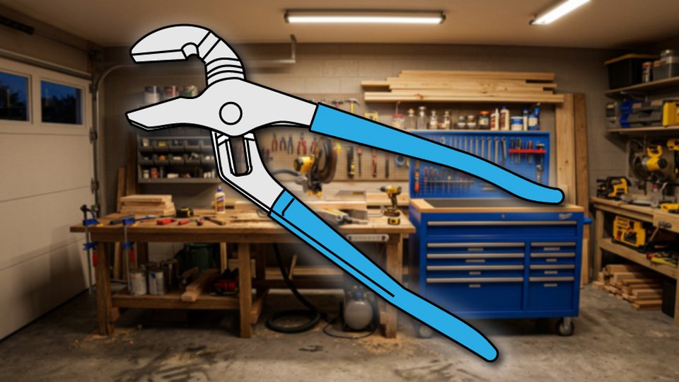 Technical three-point-line drawing of a pair of channel lock pliers in the Skippity workshop by John D. Reinhart