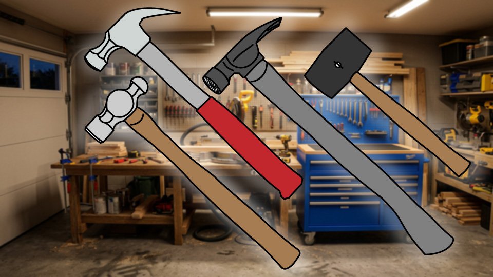 Technical three-point-line drawing of four most common hammer types in the Skippity workshop by John D. Reinhart