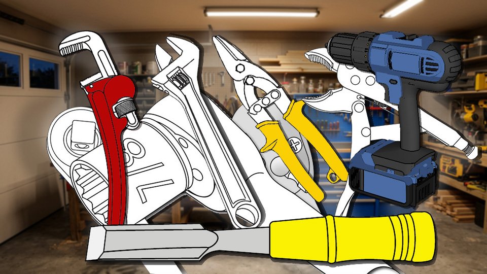 Technical three-point-line drawing of a variety of tools in the Skippity workshop by John D. Reinhart