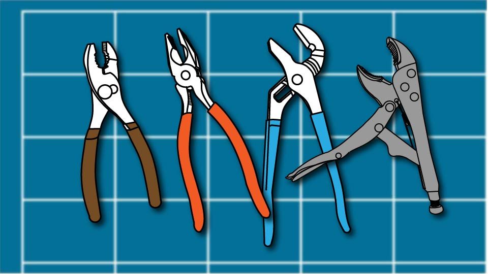 Technical line drawing of a group of pliers against a blueprint-style background by John D. Reinhart, created using the Three Point Line illustration method