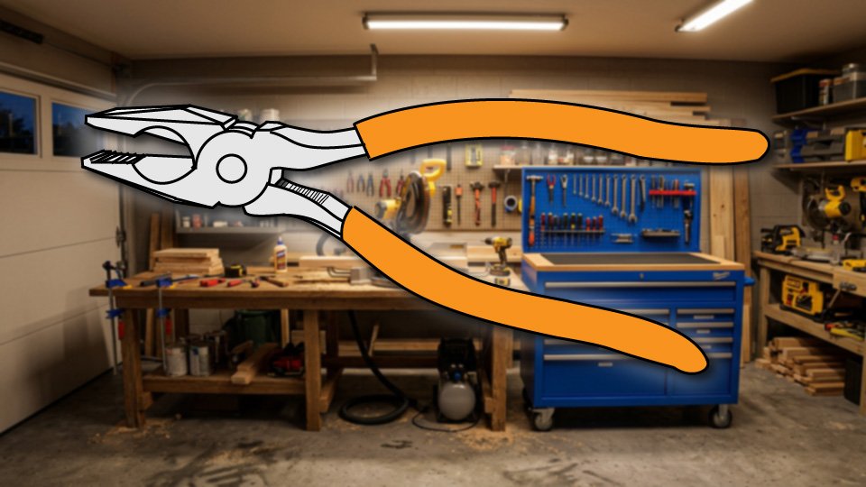 Technical three-point-line drawing of a pair of linesman pliers in the Skippity workshop by John D. Reinhart