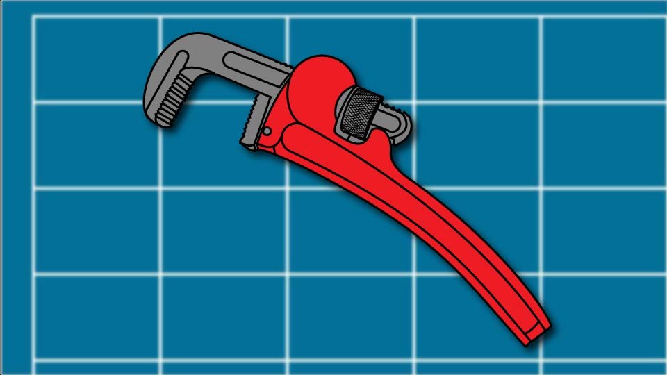 Technical line drawing of a pipe wrench against a blueprint-style background by John D. Reinhart, created using the Three Point Line illustration method