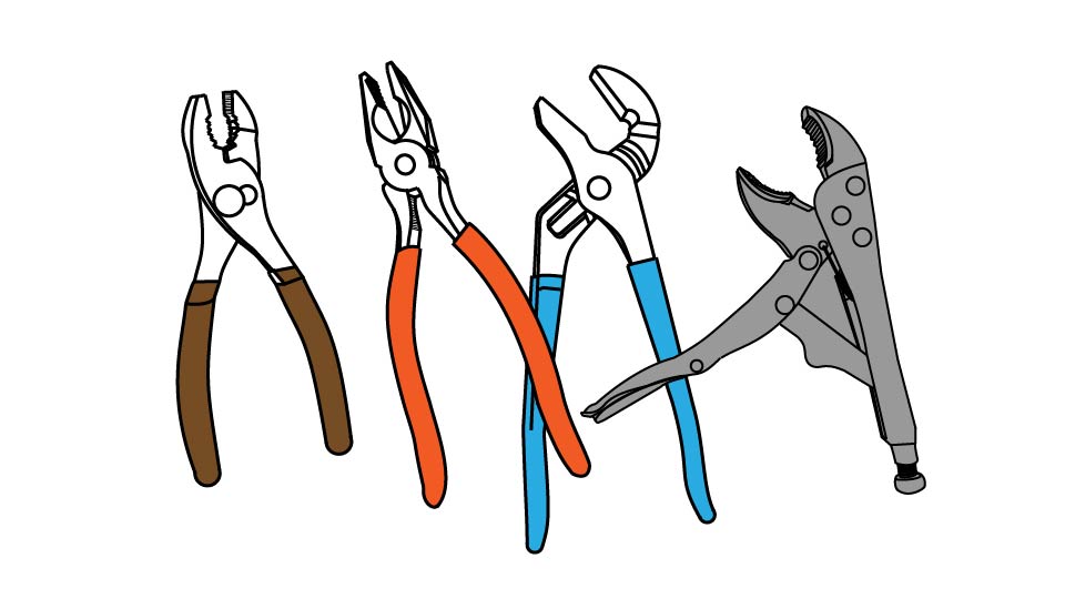 A line drawing of a group of pliers, including slip-joint, linesman, channel-lock, and locking pliers, by John D Reinhart