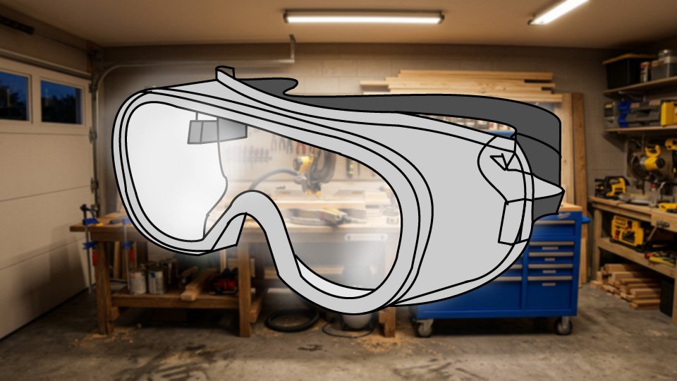 Technical three-point-line drawing of a pair of safety goggles in the Skippity workshop by John D. Reinhart