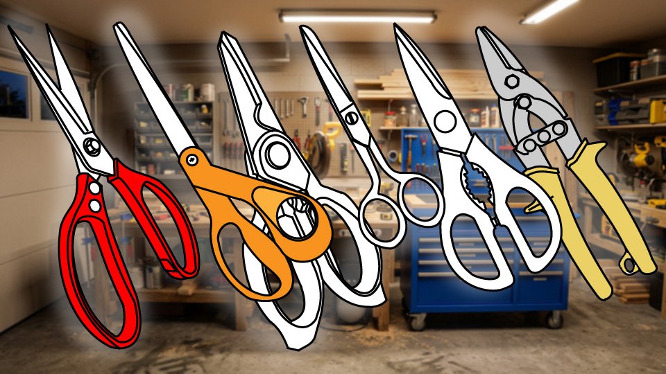 Technical three-point-line drawing of a variety of common scissors and shears in the Skippity workshop by John D. Reinhart