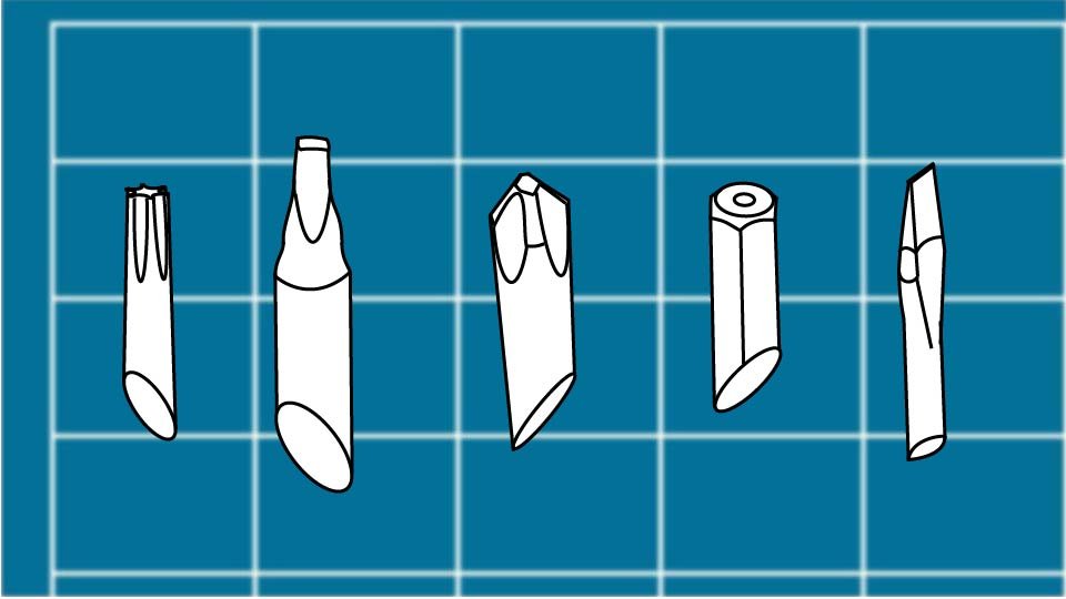 Technical line drawing of the five most common screwdriver blade types against a blueprint-style background by John D. Reinhart, created using the Three Point Line illustration method