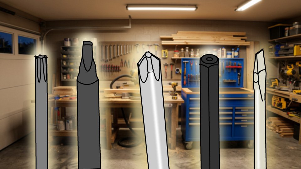 Technical three-point-line drawing of the common screwdriver blade types in the Skippity workshop by John D. Reinhart