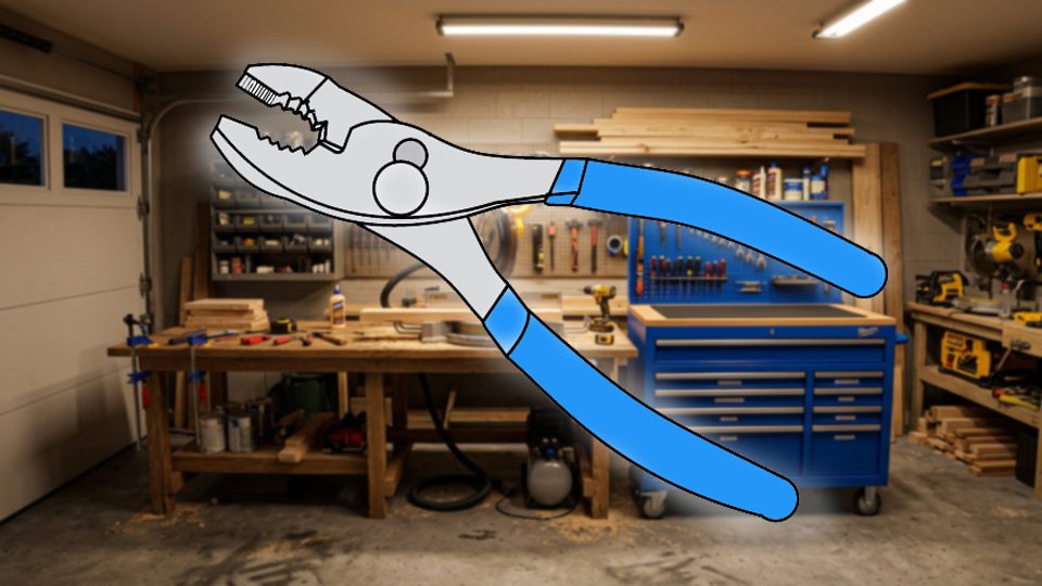 Technical three-point-line drawing of a pair of of slip joint pliers in the Skippity workshop by John D. Reinhart