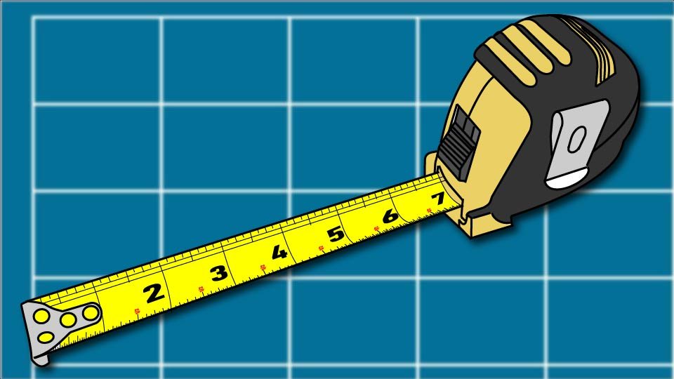 Technical line drawing of a tape measure against a blueprint-style background by John D. Reinhart, created using the Three Point Line illustration method