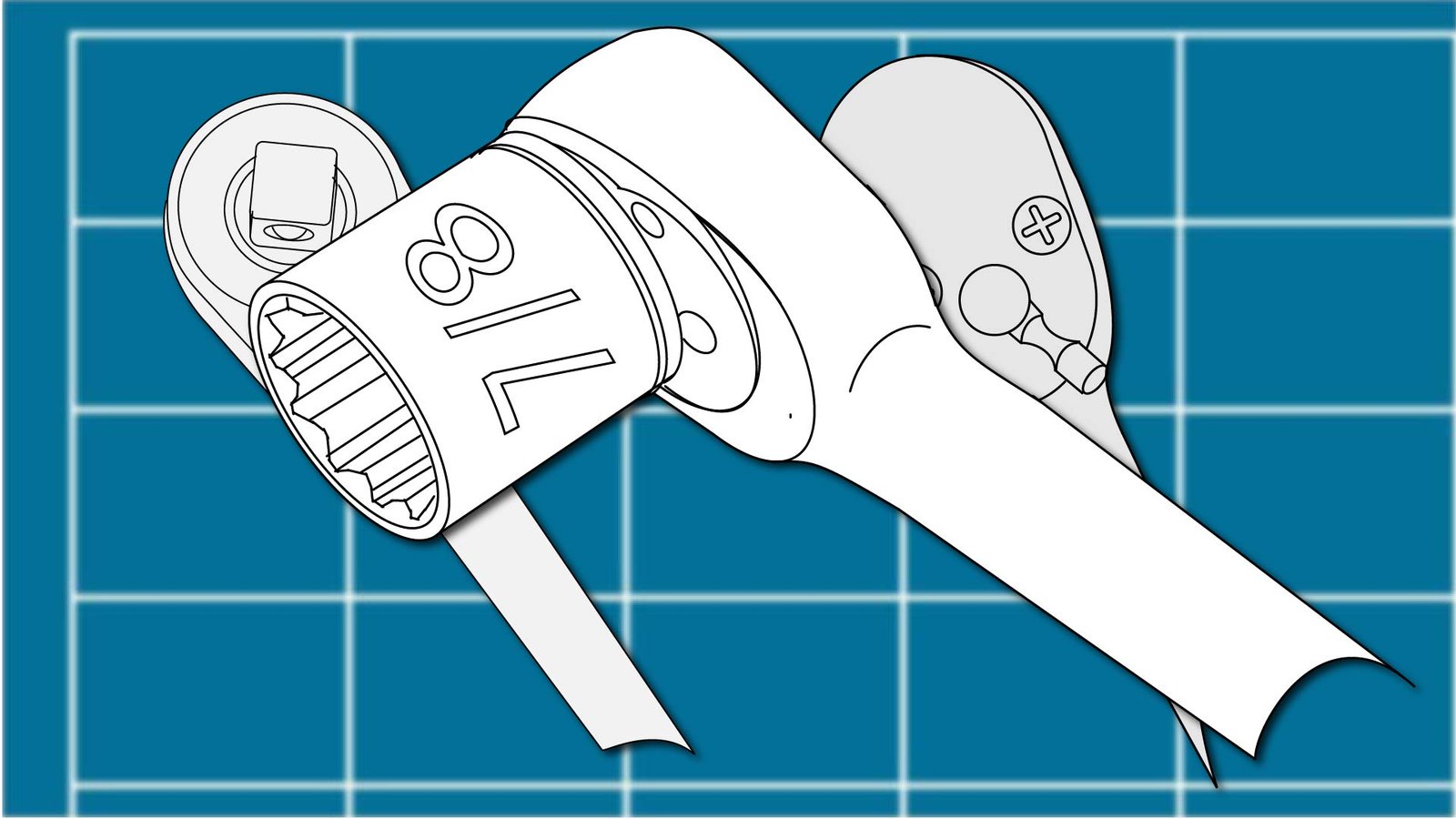 Technical line drawing of a set of socket wrenches and a socket against a blueprint-style background by John D. Reinhart, created using the Three Point Line illustration method