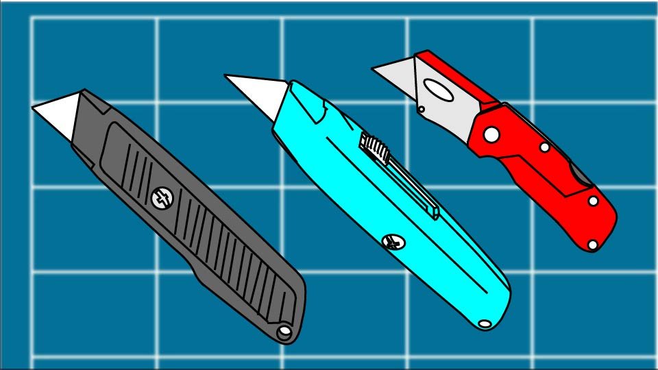 Technical line drawing of a trio of utility knives against a blueprint-style background by John D. Reinhart, created using the Three Point Line illustration method