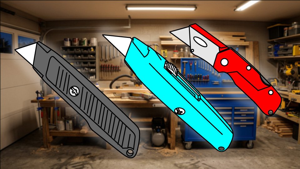 Technical three-point-line drawing of a trio of common utility knives in the Skippity workshop by John D. Reinhart
