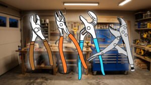 Technical three-point-line drawing of a variety of pliers in the Skippity workshop by John D. Reinhart