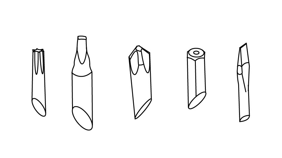 A line drawing of flat, hex, Phillips, square, and Torx screwdriver blades