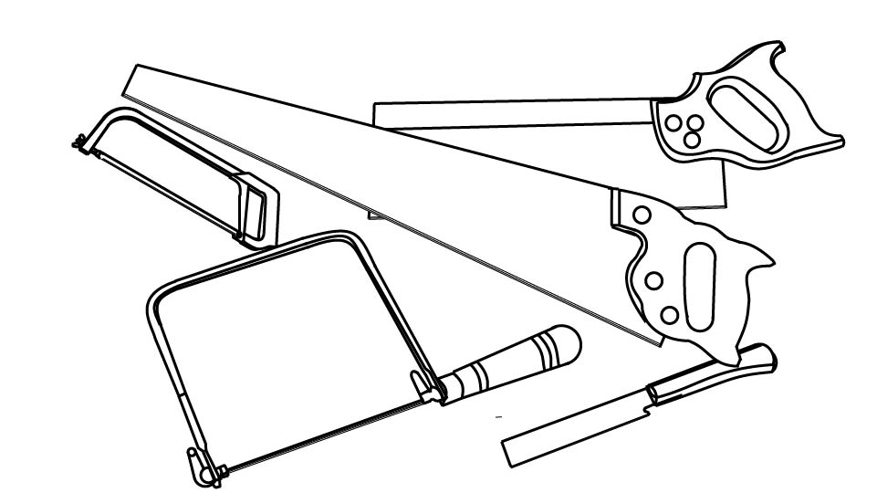 A line drawing of a group of saws, including a hacksaw, a handsaw, a coping saw, and Japanese Pull Saw, and a Backsaw