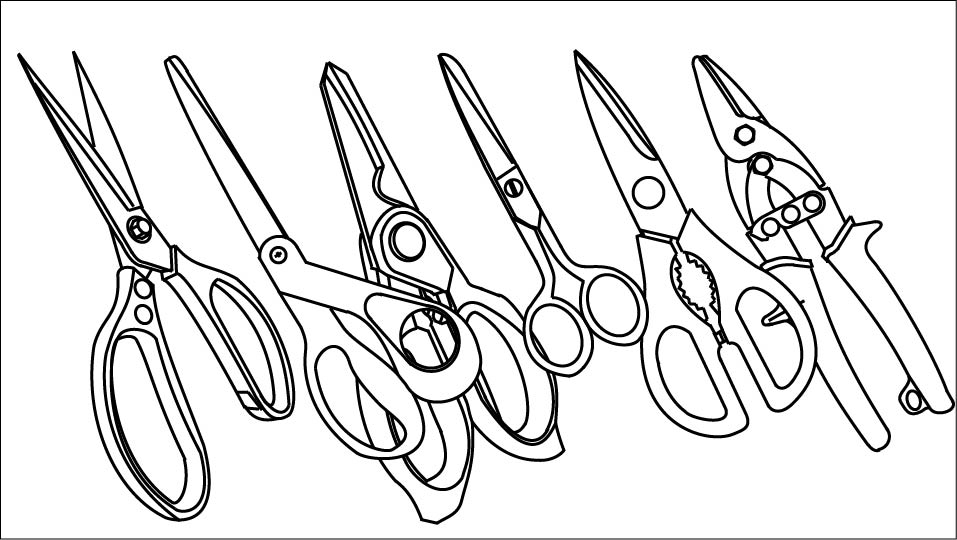 A line drawing of a group of scissors and shears