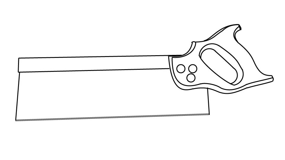 Technical line drawing of a backsaw against a blueprint-style background by John D. Reinhart, created using the Three Point Line illustration method