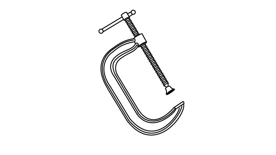 A three-point line drawing of a C-clamp
