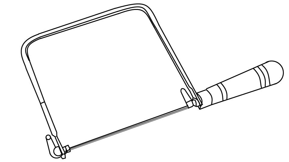 Technical line drawing of a coping saw against a blueprint-style background by John D. Reinhart, created using the Three Point Line illustration method