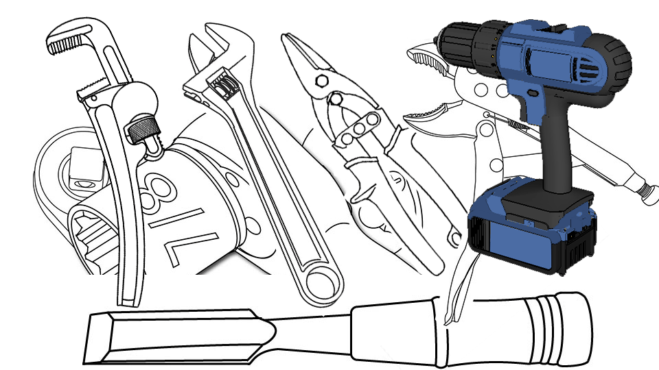 A line drawn pile of tools, including a power drill, several pliers, wrenches, and a chisel