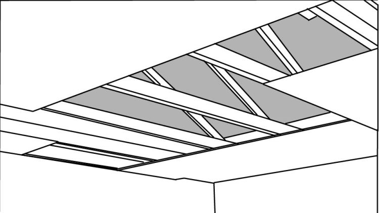 A line drawing of drywall sheets being added to the ceiling of a room