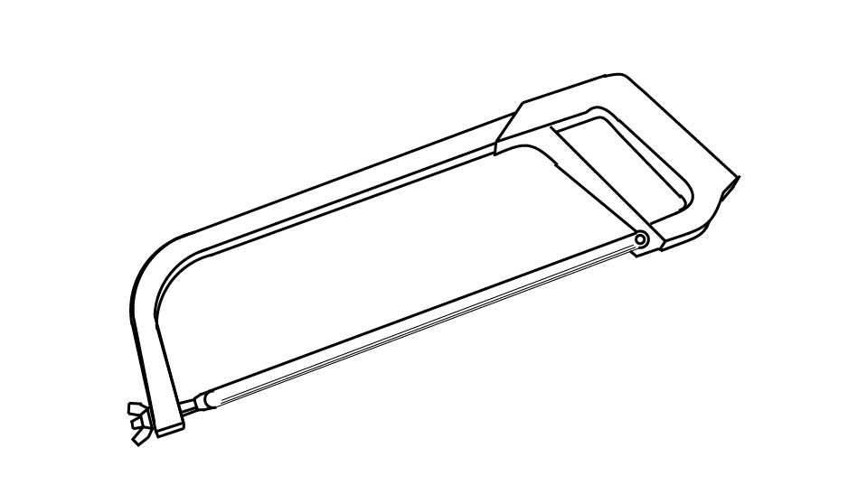 Technical line drawing of a hack saw against a blueprint-style background by John D. Reinhart, created using the Three Point Line illustration method