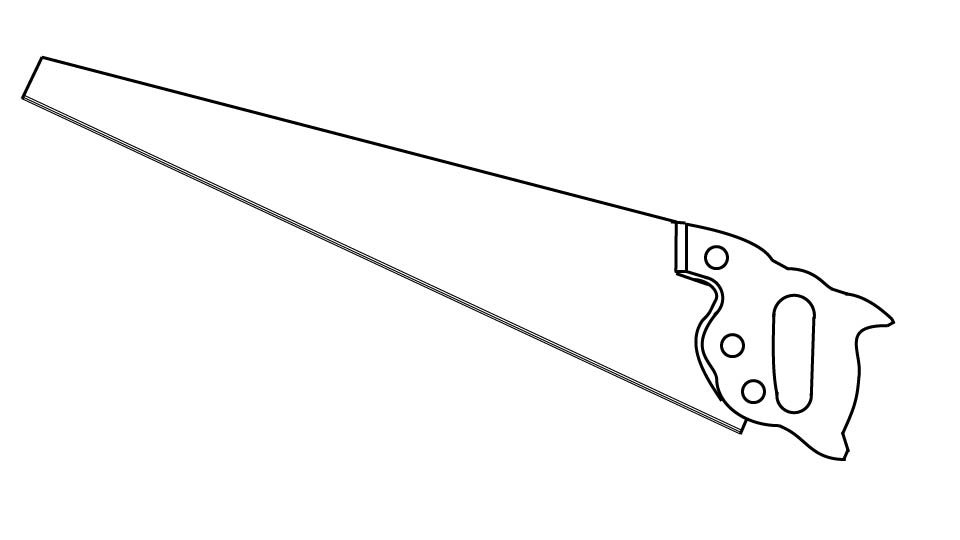 Technical line drawing of a panel saw against a blueprint-style background by John D. Reinhart, created using the Three Point Line illustration method