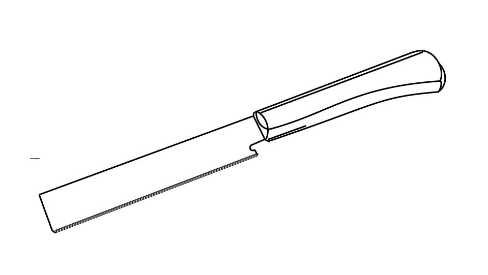 Technical line drawing of a Japanese saw against a blueprint-style background by John D. Reinhart, created using the Three Point Line illustration method