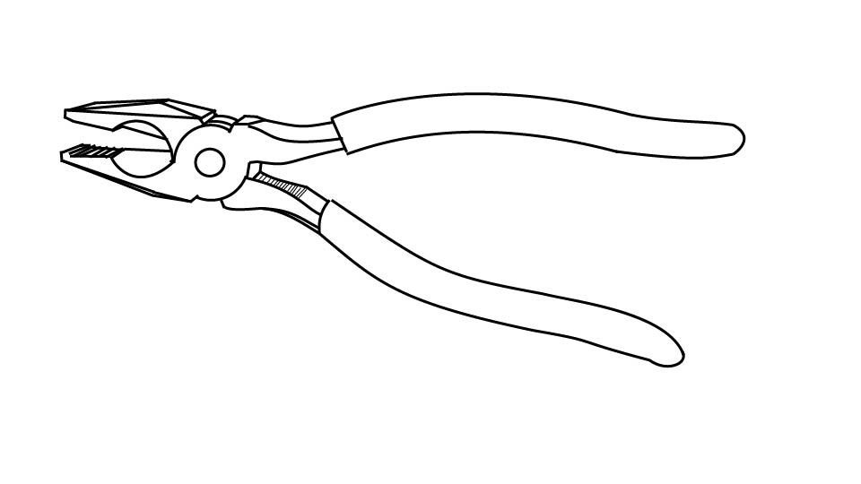 A line drawing of linesman pliers by John D Reinhart
