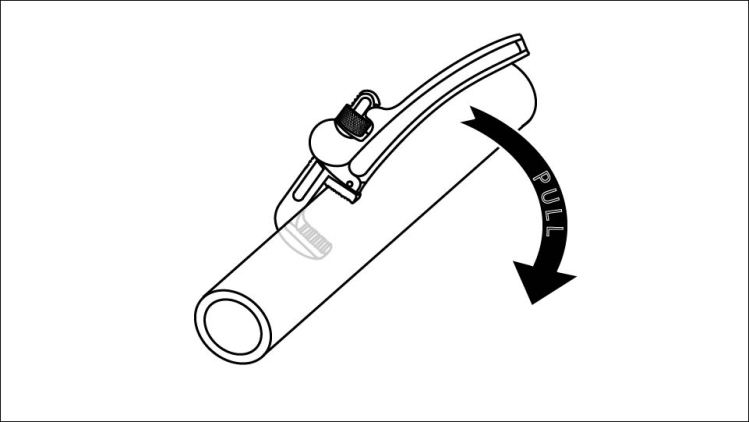 A line drawing of a pipe wrench gripping a piece of pipe. The handle is towards us, and an arrow shows that we want to pull the wrench.