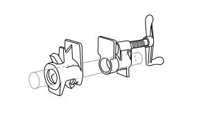 A line drawing of a pipe clamp with a pipe ghosted in