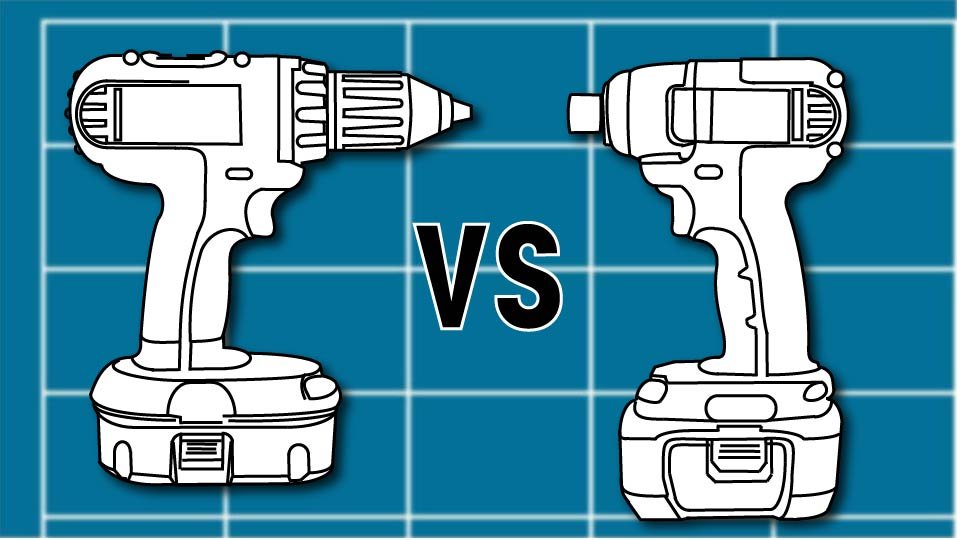 Technical line drawing of a power driver and an impact driver facing one another, the letters vs between them, against a blueprint-style background by John D. Reinhart, created using the Three Point Line illustration method