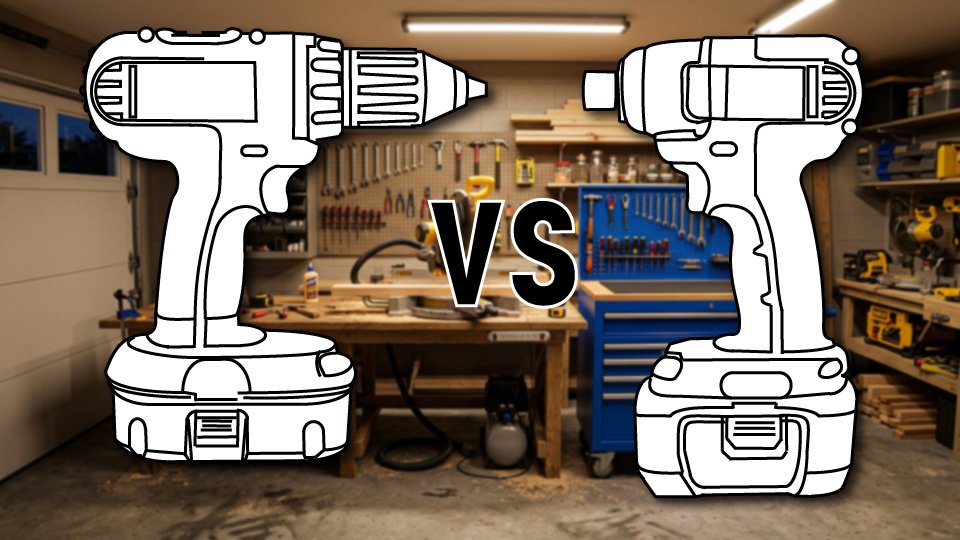 Technical three-point-line drawing of power driver and an impact driver facing one another, the letters vs between them, in the Skippity workshop by John D. Reinhart
