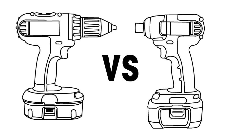 A line drawing of a power driver opposed to an impact driver with the letters VS in between